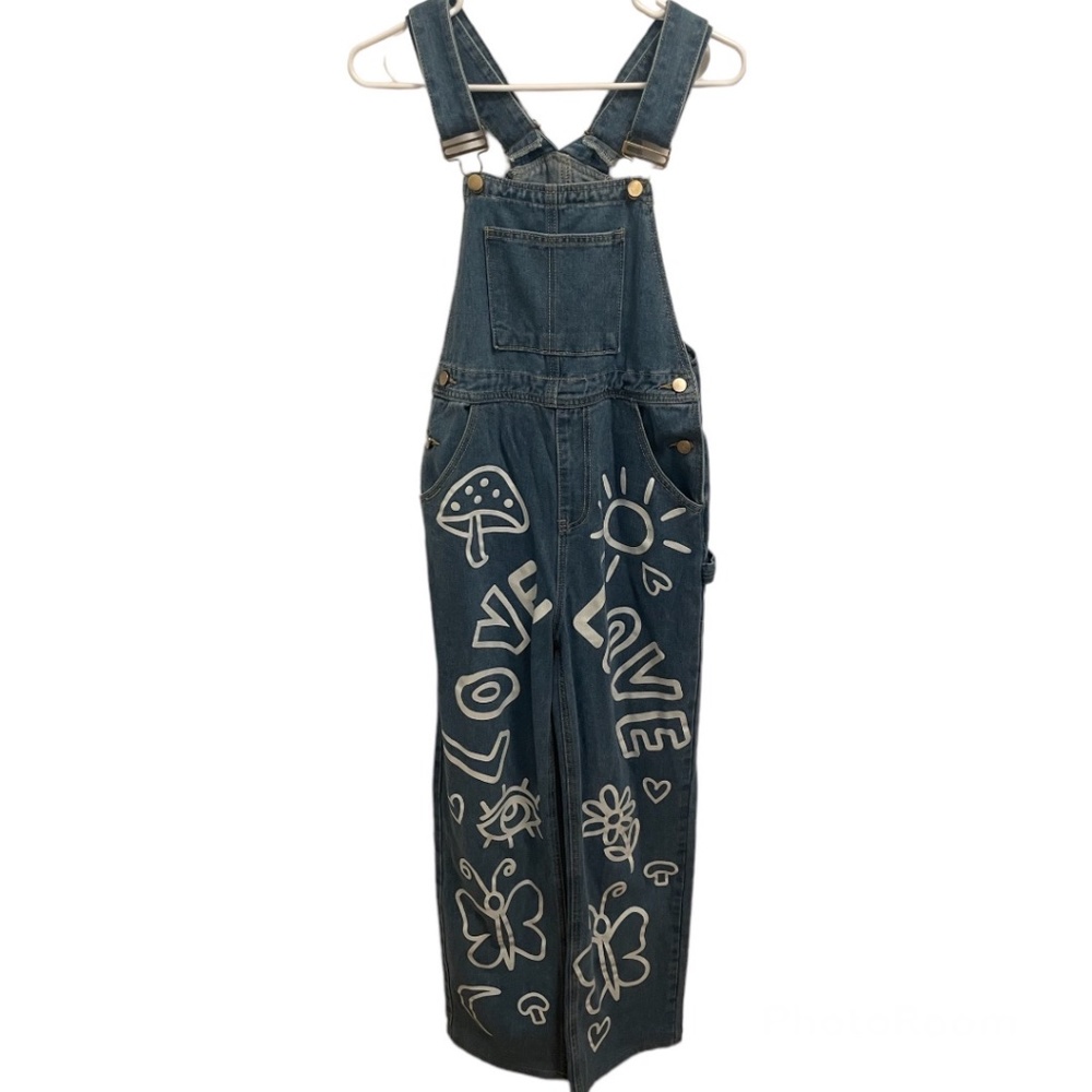 NWT ROMWE Cartoon Letter Graphic Denim Overall Size:M
